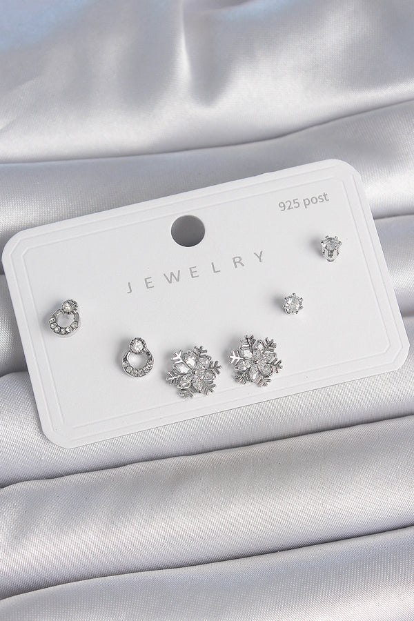 BKP10483 - Pirinç Gümüş Renk Zirkon Taşlı Kar Tanesi Model 925 Ayar Gümüş Çivi Kadın Küpe Seti