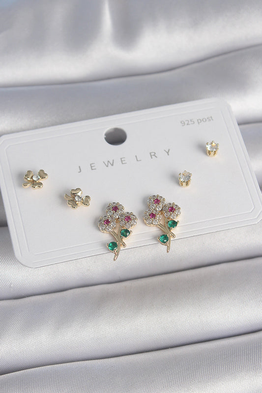 BKP10486 - Pirinç Gold Renk Renkli Zirkon Taşlı Çiçek Model Yaprak Detay 925 Ayar Gümüş Çivi Kadın Küpe Seti