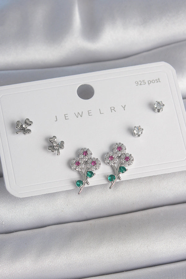 BKP10487 - Pirinç Gümüş Renk Renkli Zirkon Taşlı Çiçek Model Yaprak Detay 925 Ayar Gümüş Çivi Kadın Küpe Seti