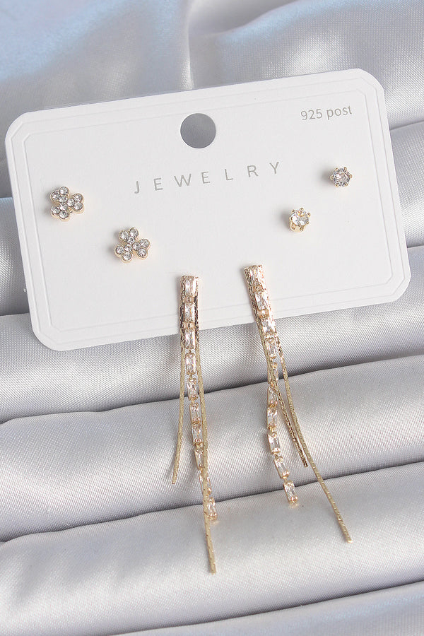 BKP10490 - Pirinç Gold Renk Su Yolu Zirkon Taşlı Sallantı Model Çiçek Detay 925 Ayar Gümüş Çivi Kadın Küpe Seti