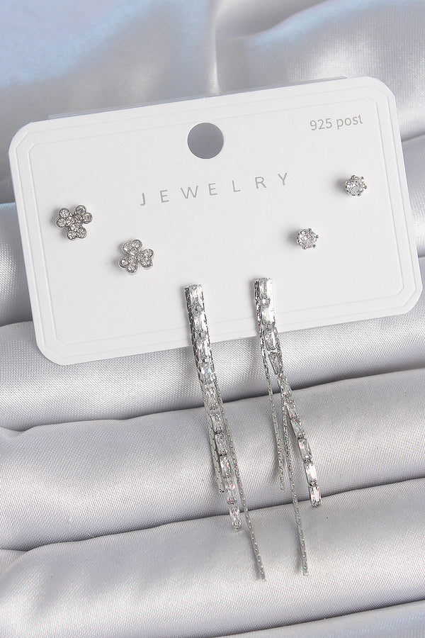 BKP10491 - Pirinç Gümüş Renk Su Yolu Zirkon Taşlı Sallantı Model Çiçek Detay 925 Ayar Gümüş Çivi Kadın Küpe Seti