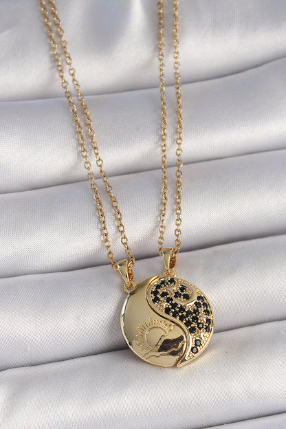 316L Çelik Gold Renk Zincir Zirkon Taşlı Ying Yang Model Gün Batımı İşlemeli Arkadaşlık Kadın Kolye - BKO10029