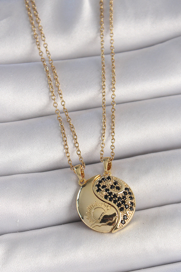 BKO10029 - 316L Çelik Gold Renk Zincir Zirkon Taşlı Ying Yang Model Gün Batımı İşlemeli Arkadaşlık Kadın Kolye