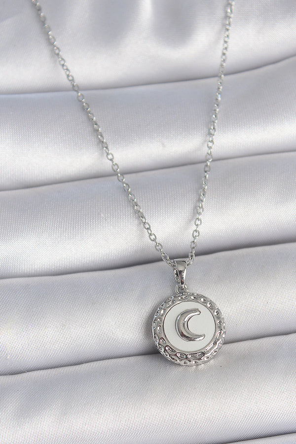 BKO10034 - 316L Çelik Gümüş Renk Zincir Beyaz Mineli Hilal İşlemeli Madalyon Model Kadın Kolye
