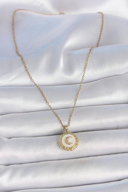 316L Çelik Gold Renk Zincir Beyaz Mineli Hilal İşlemeli Madalyon Model Kadın Kolye - BKO10035