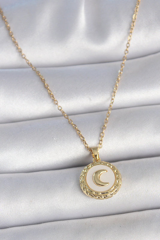 316L Çelik Gold Renk Zincir Beyaz Mineli Hilal İşlemeli Madalyon Model Kadın Kolye - BKO10035