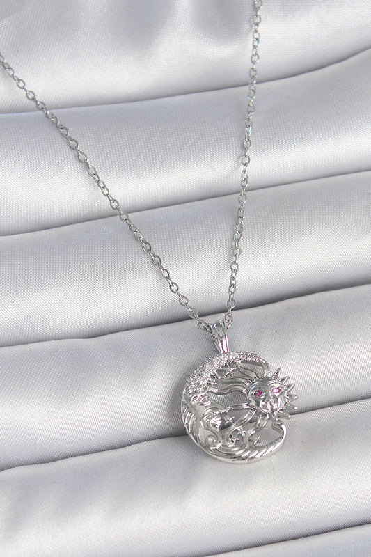 BKO10056 - 316L Çelik Gümüş Renk Zincir Ay Güneş Model Zirkon Taş Detay Kadın Kolye