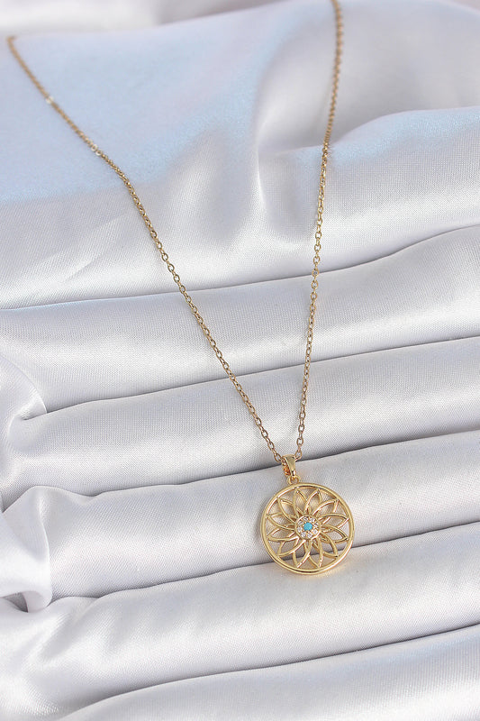 316L Çelik Gold Renk Zincr Mavi Taşlı Lotus Model Kadın Kolye - BKO10061