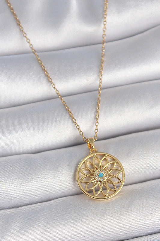 316L Çelik Gold Renk Zincr Mavi Taşlı Lotus Model Kadın Kolye - BKO10061
