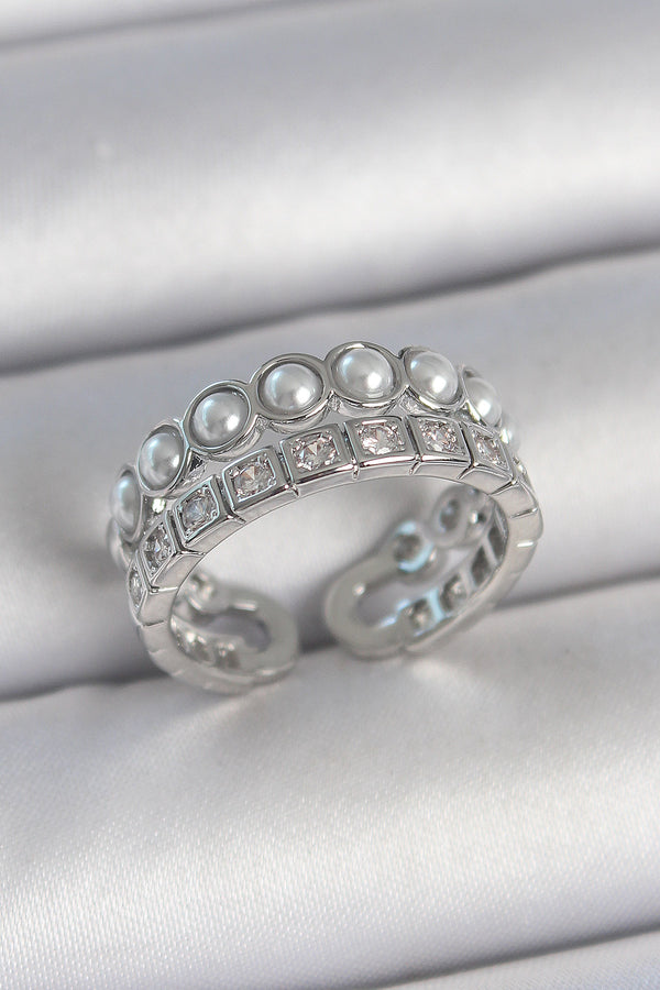 BYK3720 - Pirinç Gümüş Renk 2'Li Sıra Zirkon Taşlı Ve İncili Ayarlanabilir Kadın Yüzük