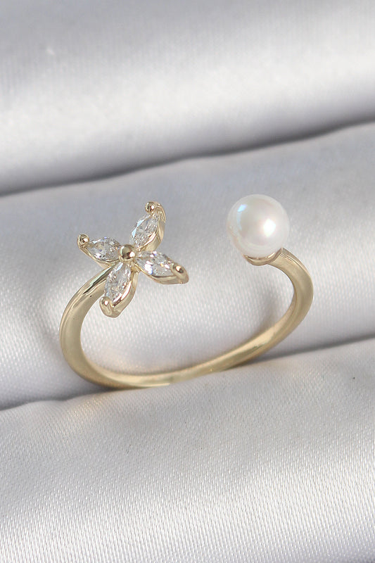 BYK3727 - Pirinç Gold Renk Zirkon Taşlı Çiçek Model İnci Detay Ayarlanabilir Kadın Yüzük