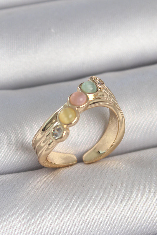 BYK3729 - Pirinç Gold Renk Zirkon Taş Detaylı Karışık Mineli Ayarlanabilir Kadın Yüzük