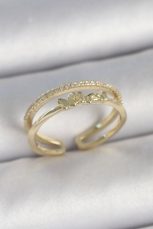 BYK3733 - Pirinç Gold Renk 2'Li Sıra Zirkon Taş Detaylı Kelebek Figürlü Ayarlanabilir Model Kadın Yüzük