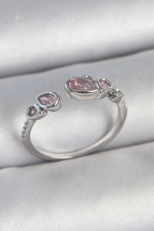 BYK3734 - Pirinç Gümüş Renk Pembe Damla Zirkon Taşlı Ayarlanabilir Model Kadın Yüzük