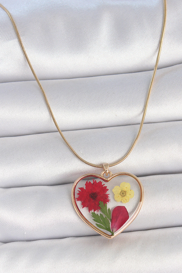 BKO10068 - 316L Çelik Gold Renk Zincir Epokis Kalp Doğal Çiçek Model Kadın Kolye