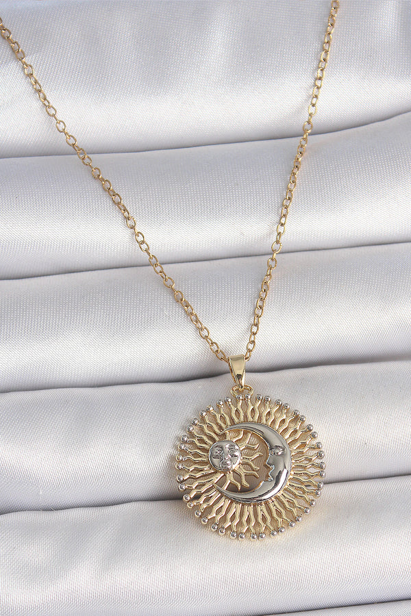 BKO10095 - 316L Çelik Gold Renk Mix Renk Ay Güneş Model Kadın Kolye