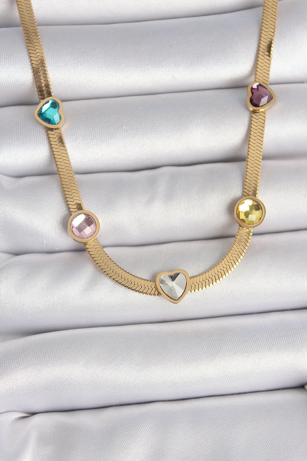 BKO10117 - 316L Çelik Gold Renk İtalyan Zincir Renkli Zirkon Taşlı Kalp Figür Kadın Kolye
