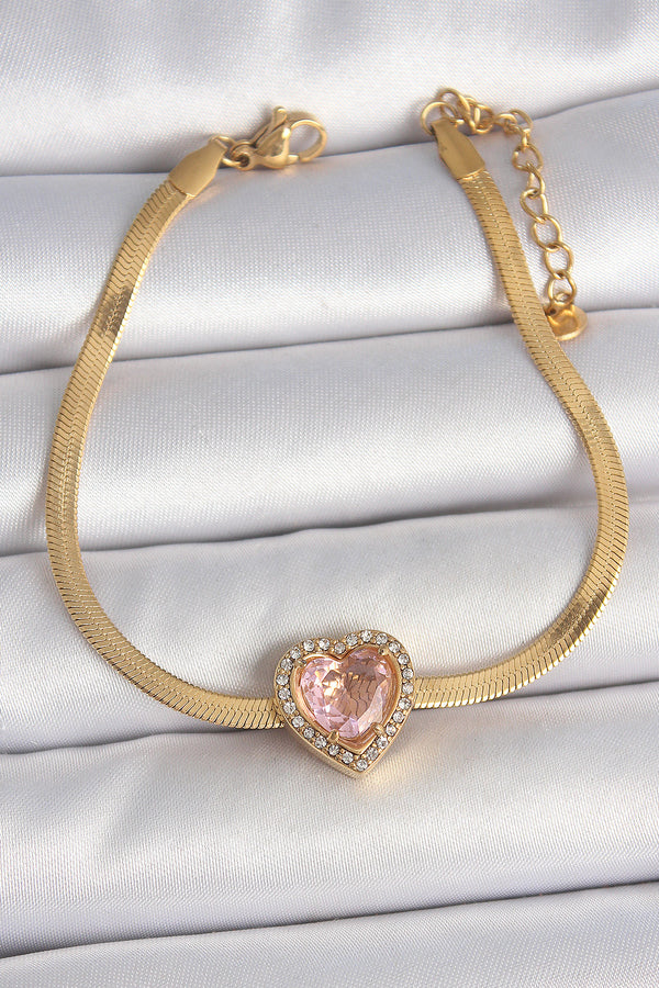 BB6952 - 316L Çelik Gold Renk İtalyan Zincir Pembe Zirkon Taşlı Kalp Model Kadın Bileklik