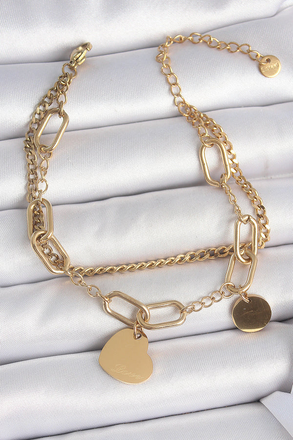 BB6953 - 316L Çelik Gold Renk 2'Li Zincir Model Sallantı Kalp Figür Kadın Bileklik