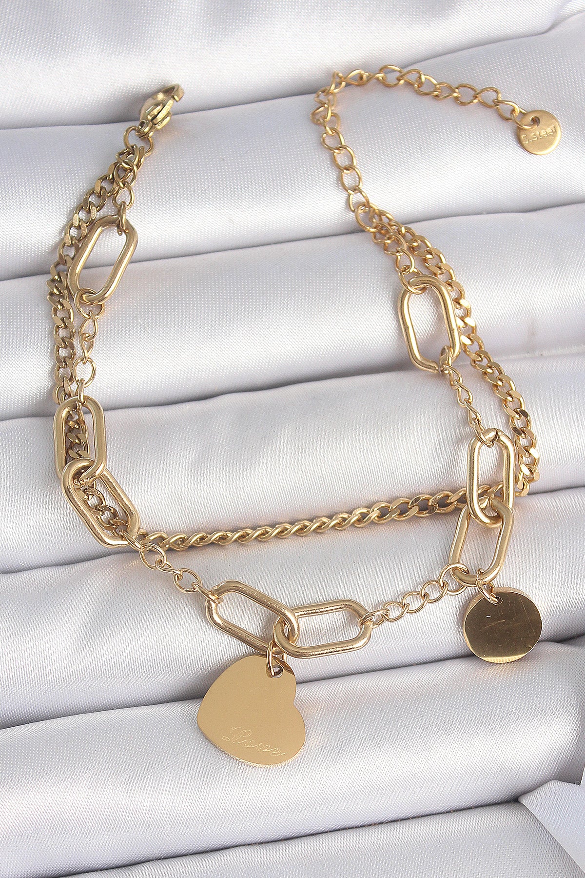 316L Çelik Gold Renk 2'Li Zincir Model Sallantı Kalp Figür Kadın Bileklik - BB6953