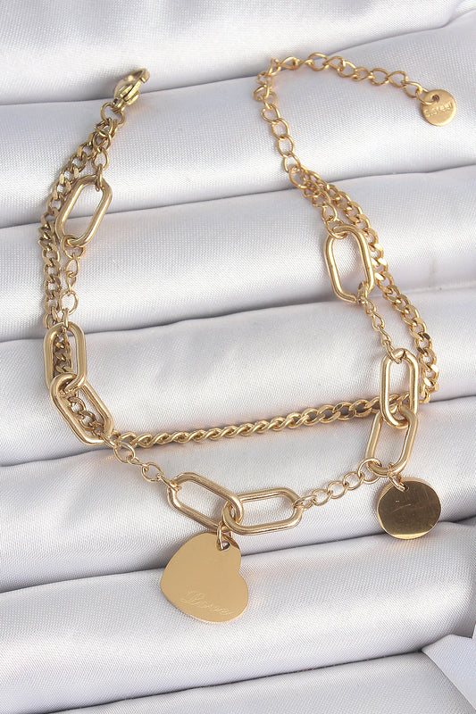 316L Çelik Gold Renk 2'Li Zincir Model Sallantı Kalp Figür Kadın Bileklik - BB6953