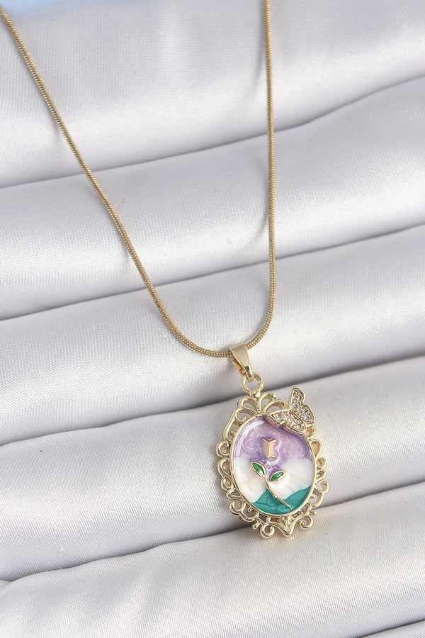 BKO10184 - 316L Çelik Gold Renk Zincir Mix Renk Mineli Çiçek İşlemeli Zirkon Taş Detaylı Portre Model Kadın Kolye