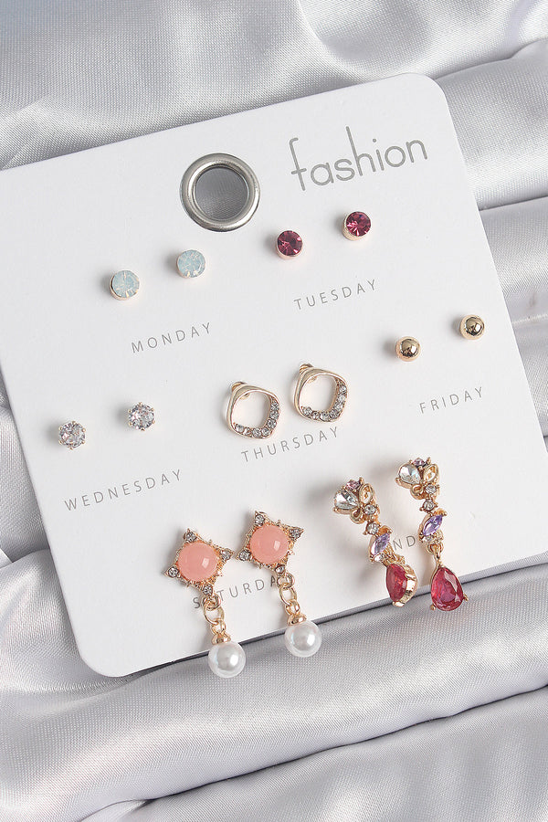 BKP10534 - Pirinç Gold Renk Zirkon Taşlı Sallantı İnci Detay 7 Çift Kadın Küpe