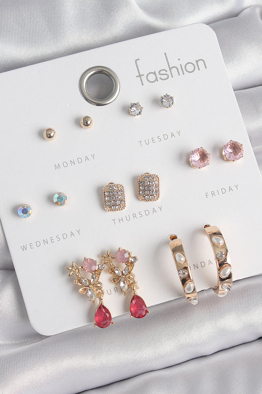 BKP10537 - Pirinç Gold Renk Zirkon Taşlı Çiçek Figür İncili Halka Figür 7 Çift Kadın Küpe Seti