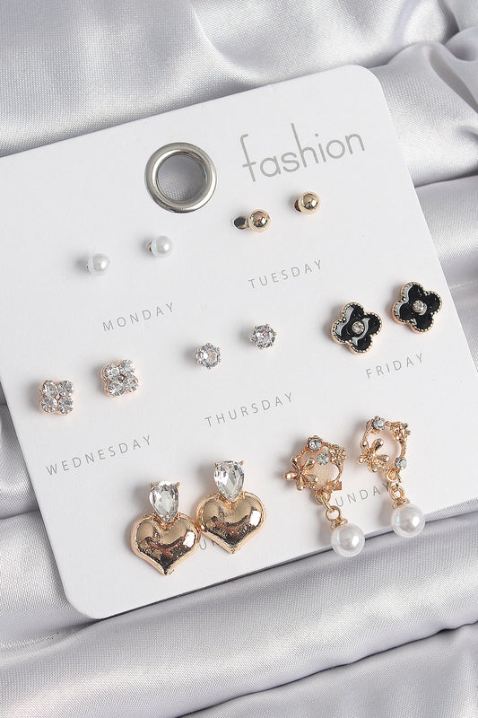 BKP10541 - Pirinç Gold Renk Zirkon Taşlı Kalp Figür Siyah Yonca Detay 7 Çift Kadın Küpe Seti