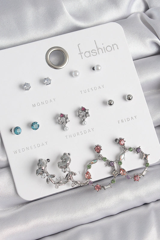 BKP10544 - Pirinç Gümüş Renk Zirkon Taşlı Gül Figür Halka Model 7 Çift Kadın Küpe Seti