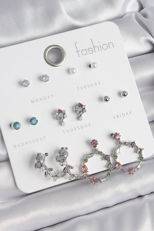 BKP10544 - Pirinç Gümüş Renk Zirkon Taşlı Gül Figür Halka Model 7 Çift Kadın Küpe Seti