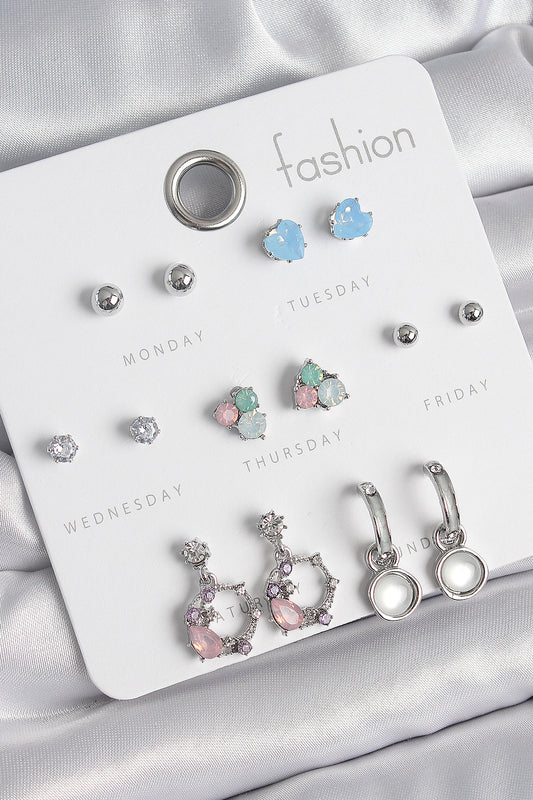 BKP10545 - Pirinç Gümüş Renk Zirkon Taşlı Sallantı Halka Model Çiçek Detay 7 Çift Kadın Küpe Seti