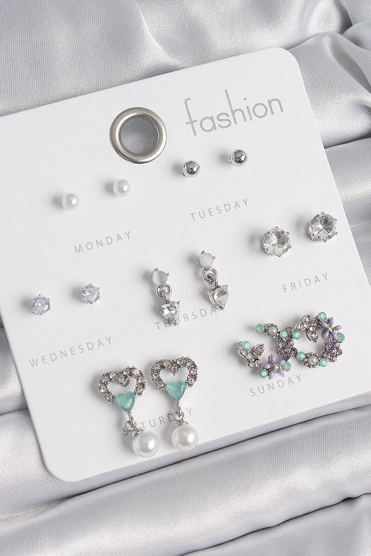 BKP10546 - Pirinç Gümüş Renk Zirkon Taşlı Sallantılı Kalp Model Çiçek Detay 7 Çift Kadın Küpe Seti