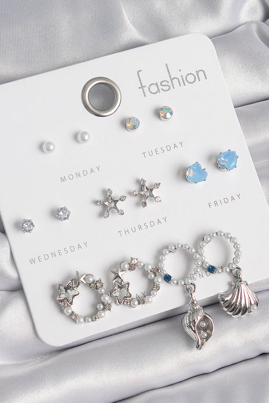 BKP10547 - Pirinç Gümüş Renk İncli Zirkon Taşlı Halka Figür Yıldız Detay 7 Çift Kadın Küpe Seti