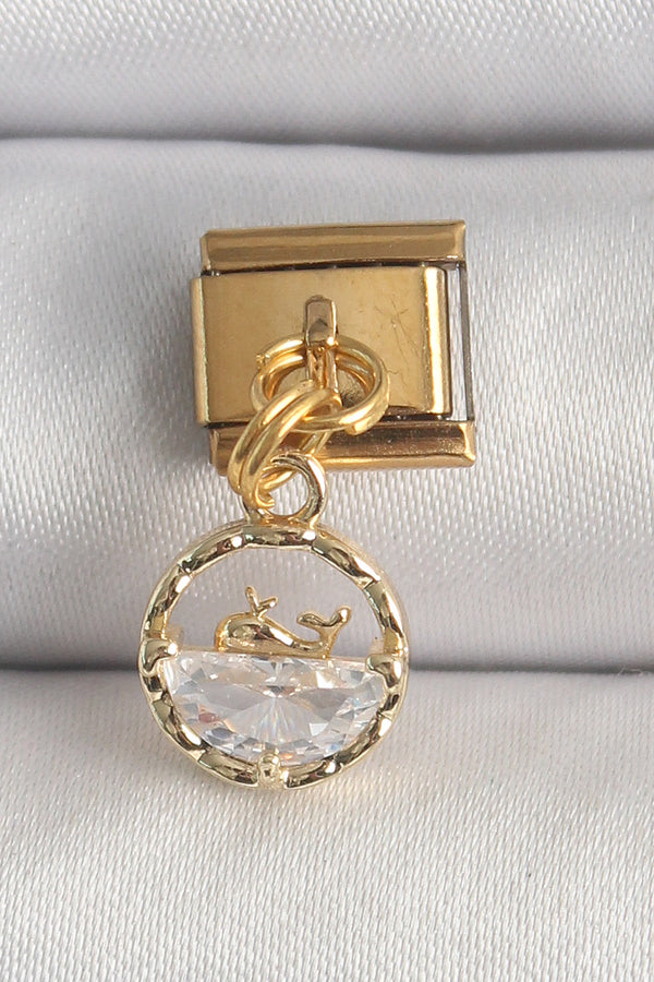 BC1339 - 316L Çelik Gold Renk Sallantı Zirkon Taşlı Balina Model Nomination Charm