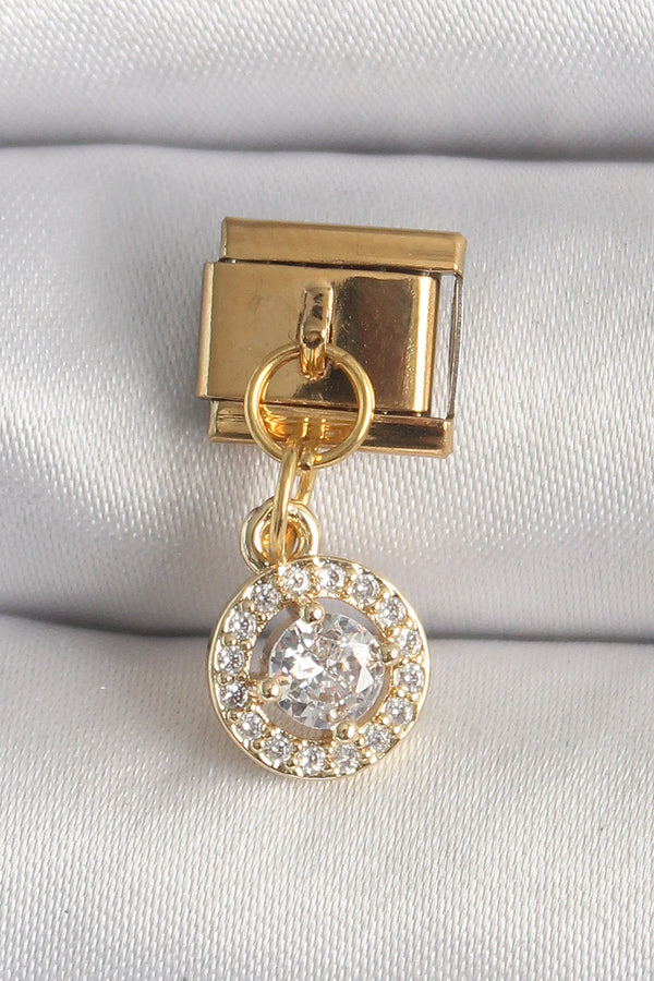 BC1342 - 316L Çelik Gold Renk Sallantı Daire Zirkon Taşlı Nomination Charm