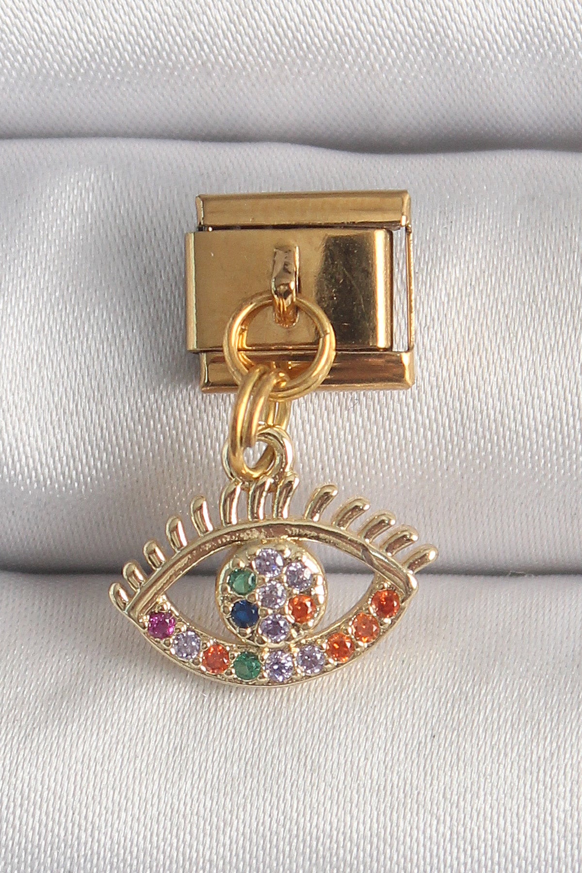 BC1343 - 316L Çelik Gold Renk Sallantı Renkli Zirkon Taşlı Göz Model Nomination Charm
