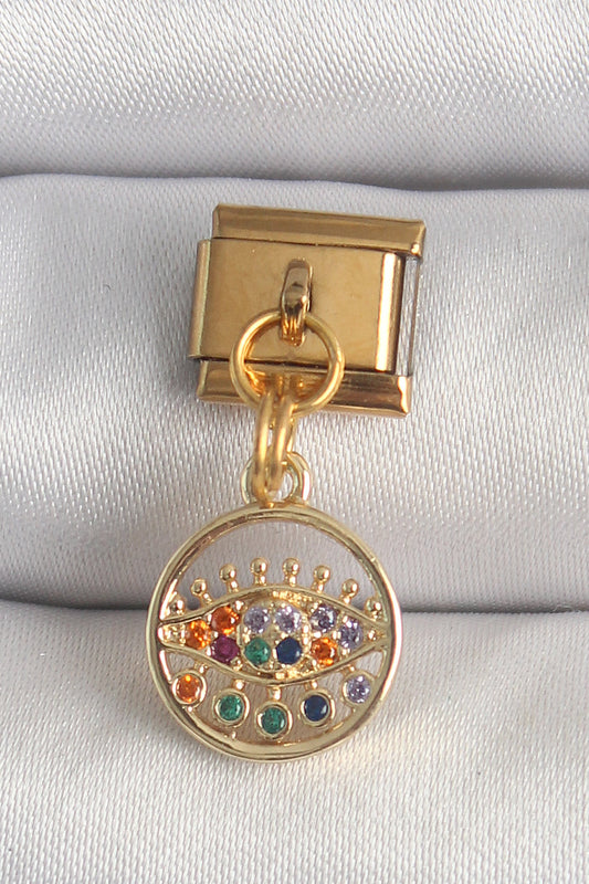 BC1346 - 316L Çelik Gold Renk Sallantı Renkli Zirkon Taşlı Göz Model Nomination Charm