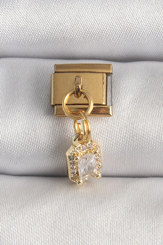 316L Çelik Gold Renk Sallantı Zirkon Taşlı Kare Model Nomination Charm - BC1348