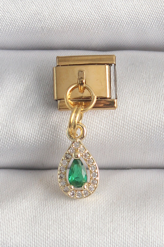 BC1349 - 316L Çelik Gold Renk Sallantı Damla Yeşil Zirkon Taşlı Nomination Charm