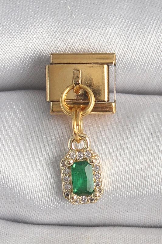 BC1352 - 316L Çelik Gold Renk Sallantı Kare Yeşil Zirkon Taşlı Nomination Charm