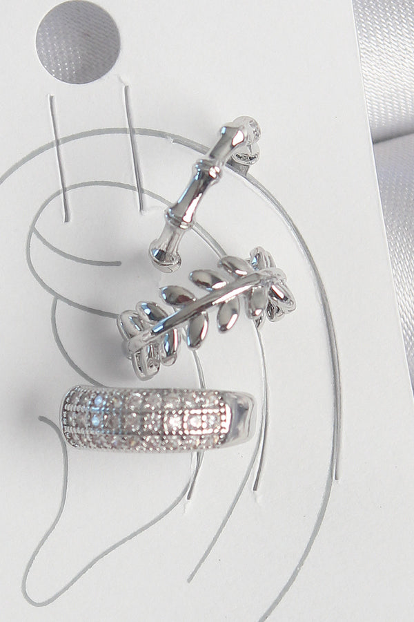 BKP10564 - Pirinç Gümüş Renk Zirkon Taşlı 3'Lü Model Yaprak Figür Kadın Kıkırdak Küpe