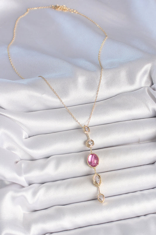 Pirinç Zincir Gold Renk Pembe Zirkon Taşlı Y Kolye - BKO10228