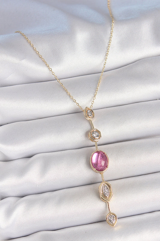 Pirinç Zincir Gold Renk Pembe Zirkon Taşlı Y Kolye - BKO10228