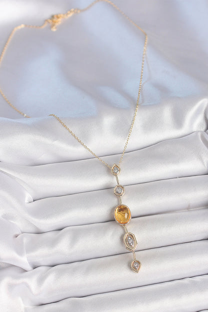 Pirinç Zincir Kehribar Sarı Gold Renk  Zirkon Taşlı Y Kolye - BKO10230