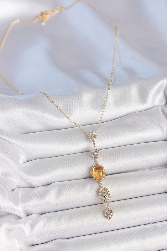 Pirinç Zincir Kehribar Sarı Gold Renk  Zirkon Taşlı Y Kolye - BKO10230