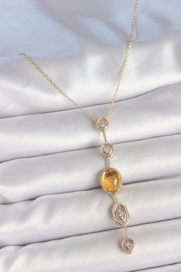 BKO10230 - Pirinç Zincir Kehribar Sarı Gold Renk  Zirkon Taşlı Y Kolye