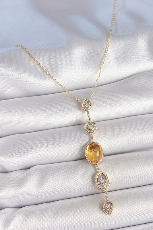 Pirinç Zincir Kehribar Sarı Gold Renk  Zirkon Taşlı Y Kolye - BKO10230