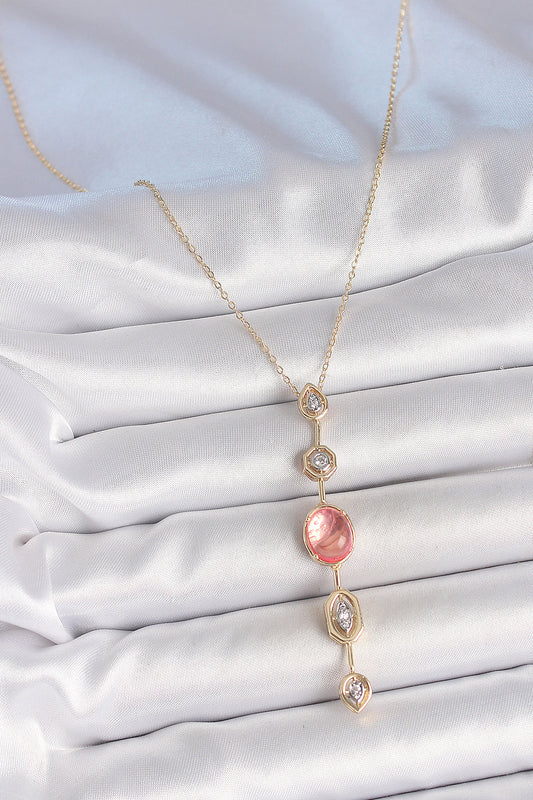 Pirinç Zincir Pembe Gold Renk Zirkon Taşlı Y Kolye - BKO10231