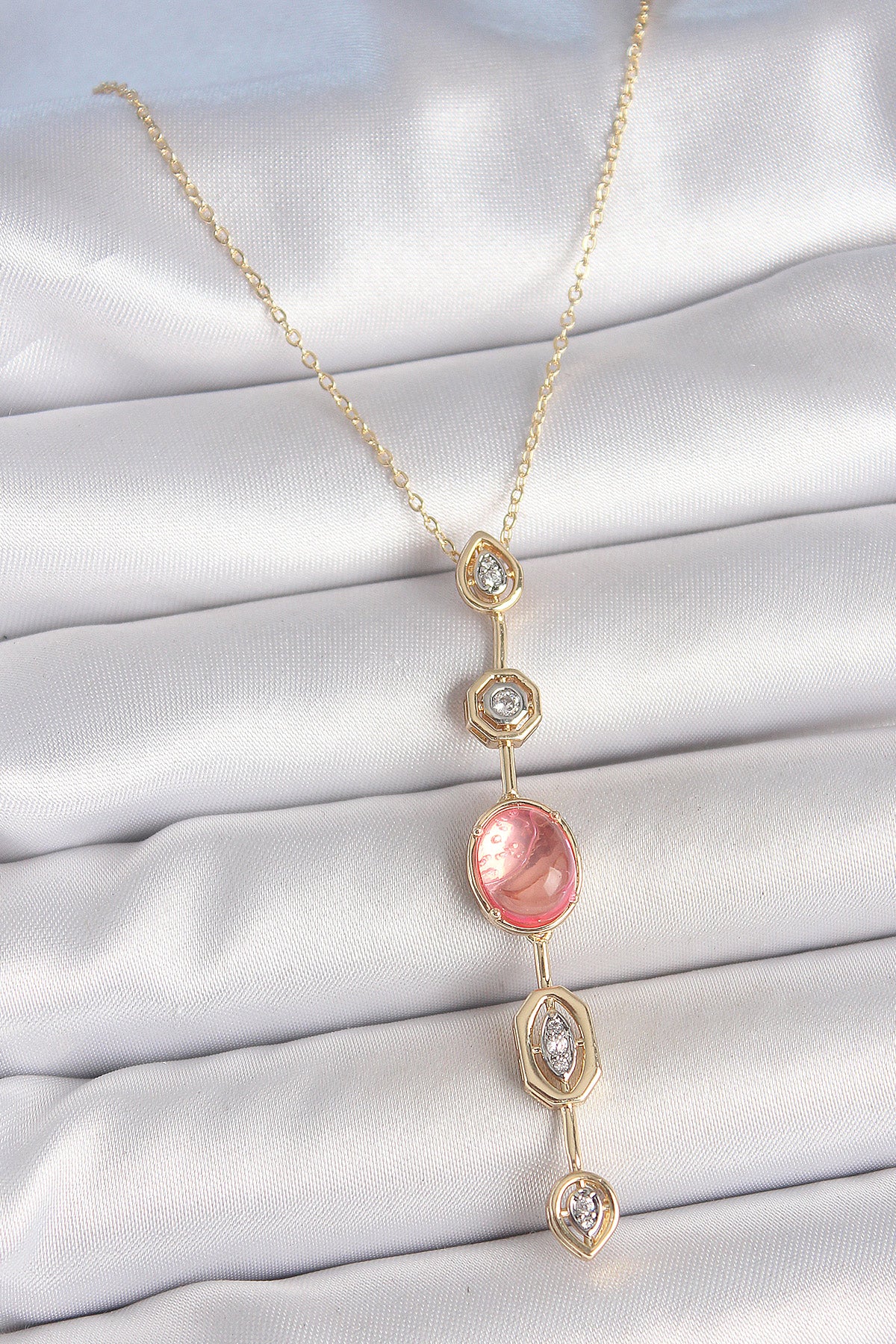 Pirinç Zincir Pembe Gold Renk Zirkon Taşlı Y Kolye - BKO10231